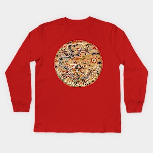 FIVE CLAWED BLACK DRAGON IN GOLD FLORAL SWIRLS Chinese Embroidery in Red Kids Long Sleeve T-Shirt